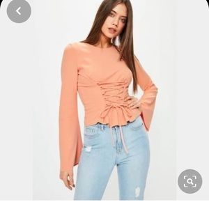 Missguided coral Corset Detail Flared Sleeve Top